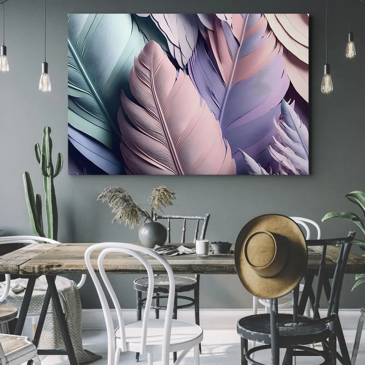 Quadro em tela - Penas coloridas em tons pastéis sobre fundo claro - 70x50cm - Pássaro chique - Decoração de parede moderna para a sala de estar e quarto ARTTOR