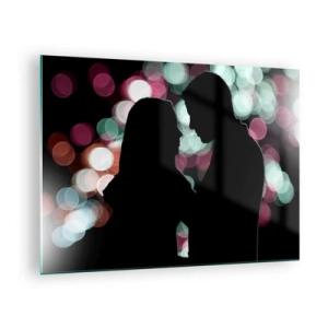 Quadro em vidro - Silhuetas de um casal contra um fundo de luzes coloridas bokeh - 70x50cm - Sim! - Decoração de parede moderna para a sala de estar e quarto ARTTOR