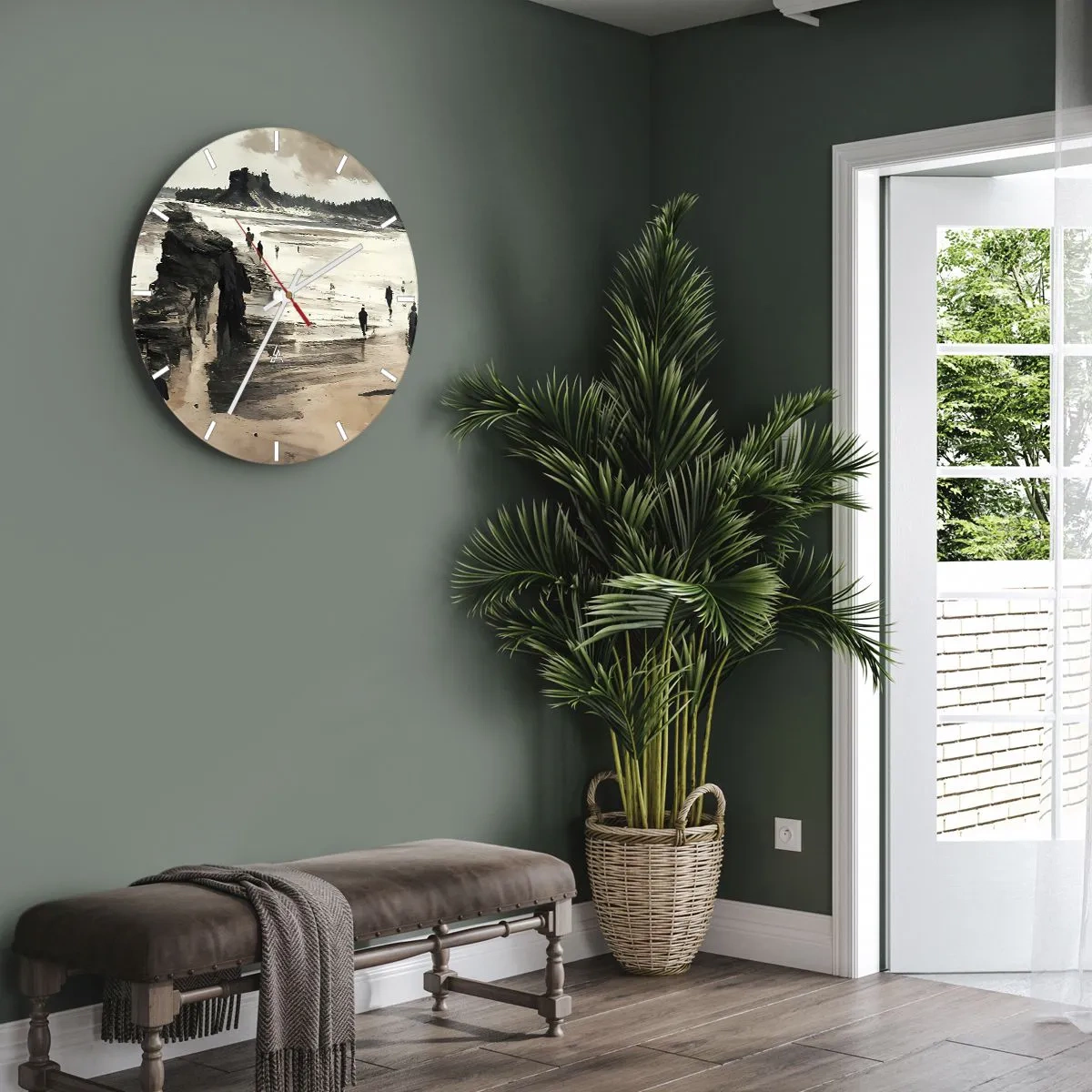 Relógio de parede - Relógio em vidro - Figuras caminhando na praia com falésias ao fundo - 30x30cm - Convocados - Decoração de parede moderna para a sala de estar, cozinha e quarto ARTTOR