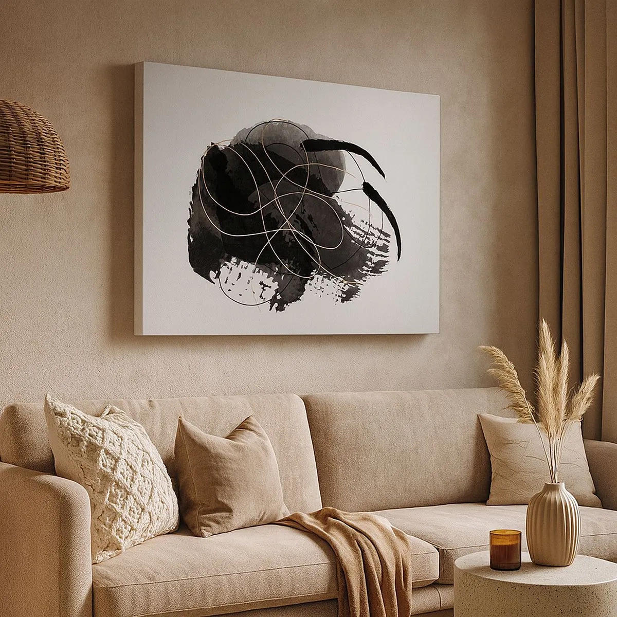 Quadro em tela - Abstração em preto e dourado sobre fundo branco - 70x50cm - Emergido do preto - Decoração de parede moderna para a sala de estar e quarto ARTTOR