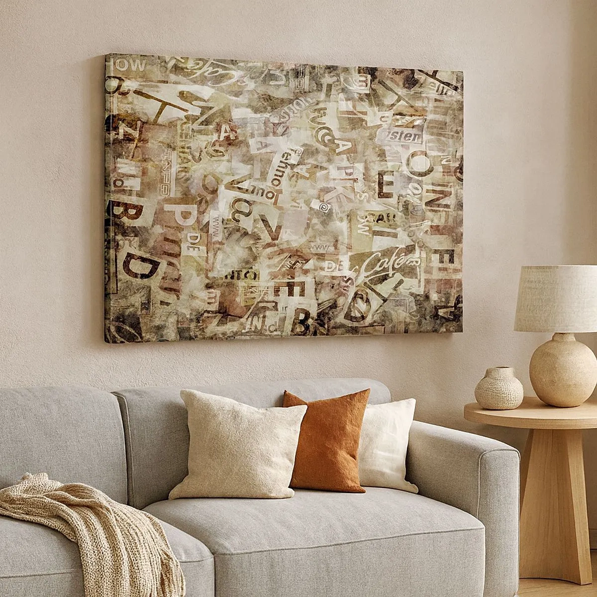 Quadro em tela - Composição abstrata com letras e fragmentos de texto - 70x50cm - Unificando a conversa fiada - Decoração de parede moderna para a sala de estar e quarto ARTTOR