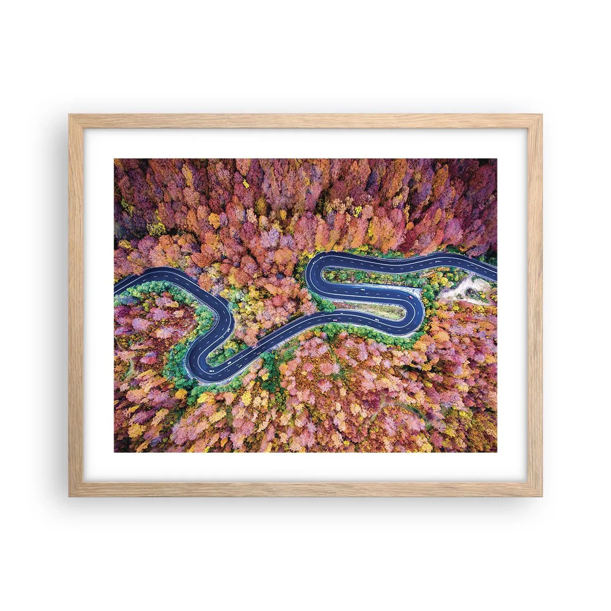 Pôster com moldura de carvalho claro - Estrada sinuosa pela floresta - 50x40 cm