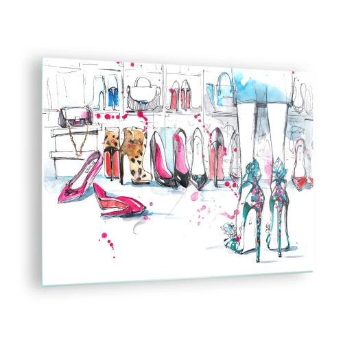 Quadro em vidro - Ilustração de saltos altos elegantes em uma loja - 70x50cm - Abre-te, sésamo - Decoração de parede moderna para a sala de estar e quarto ARTTOR