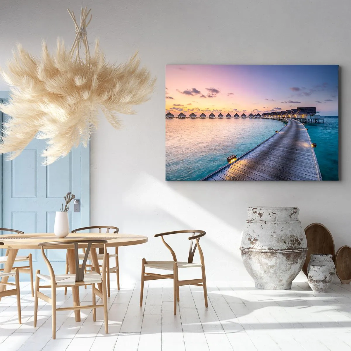 Quadro em tela - O píer que leva aos chalés à beira-mar ao pôr do sol - 70x50cm - Férias - de volta às fontes - Decoração de parede moderna para a sala de estar e quarto ARTTOR