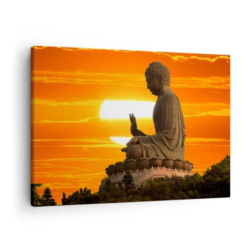 Quadro em tela - Uma estátua budista tendo como pano de fundo um pôr do sol laranja - 70x50cm - Sem medo do mundo - Decoração de parede moderna para a sala de estar e quarto ARTTOR