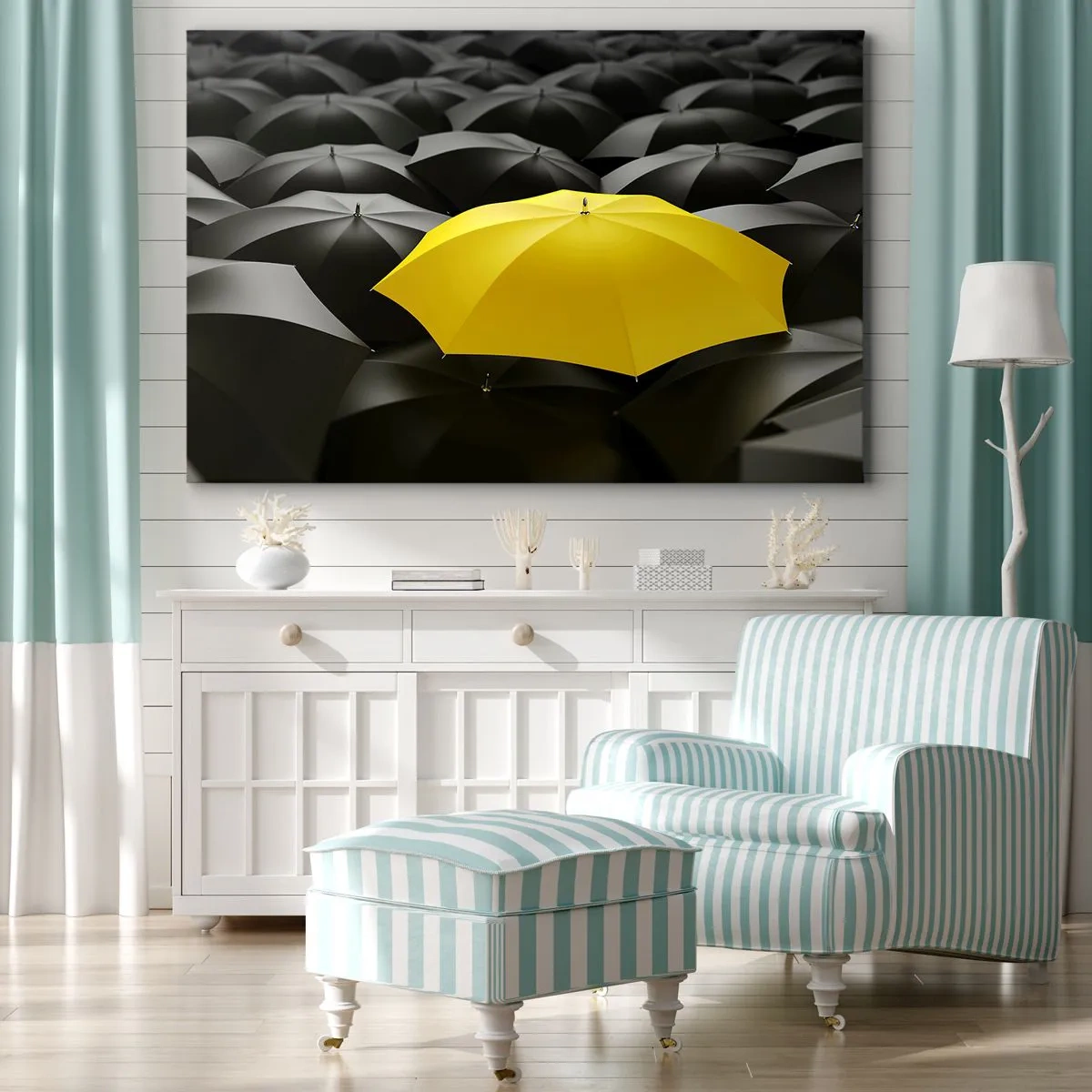 Quadro em tela - Um guarda-chuva amarelo entre guarda-chuvas pretos - 70x50cm - Adeus à tristeza - Decoração de parede moderna para a sala de estar e quarto ARTTOR