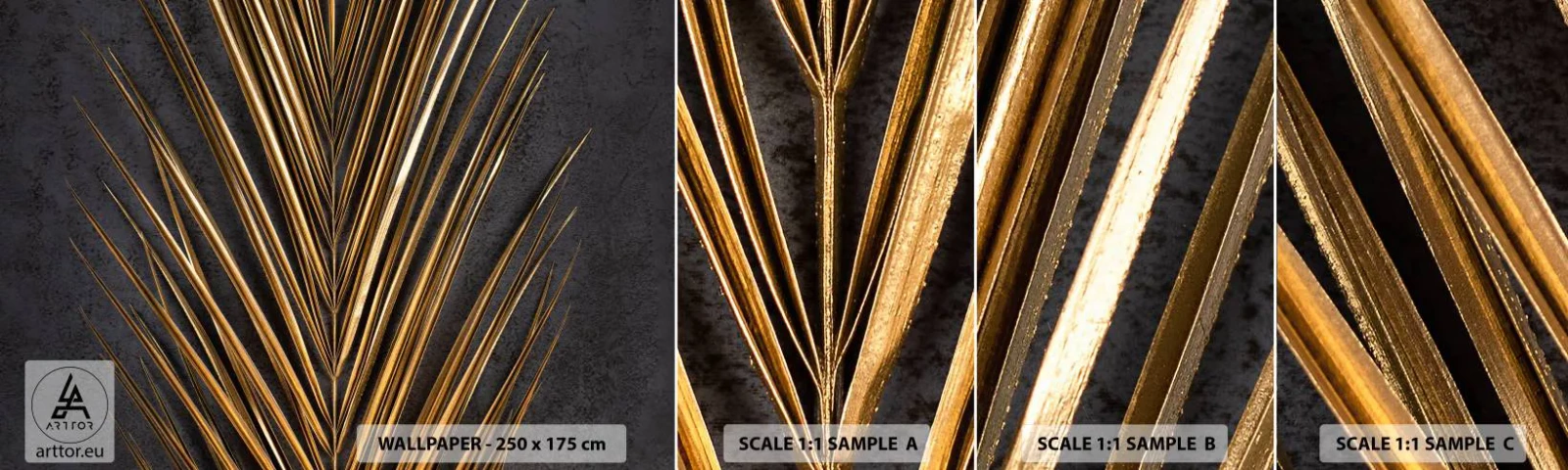 Amostra de papel de parede autocolante Deluxe Sticker - Ouro dos trópicos - Folha de palmeira, Pedaço, Abstração - 100x30 cm