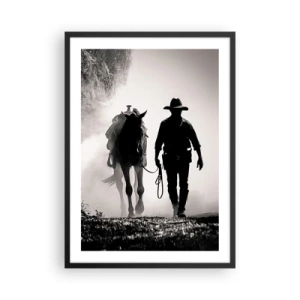 Pôster com moldura preta - Silhueta de um cowboy com seu cavalo na neblina da manhã - 50x70cm - Manhã no Texas - Decoração de parede moderna para a sala de estar e quarto ARTTOR