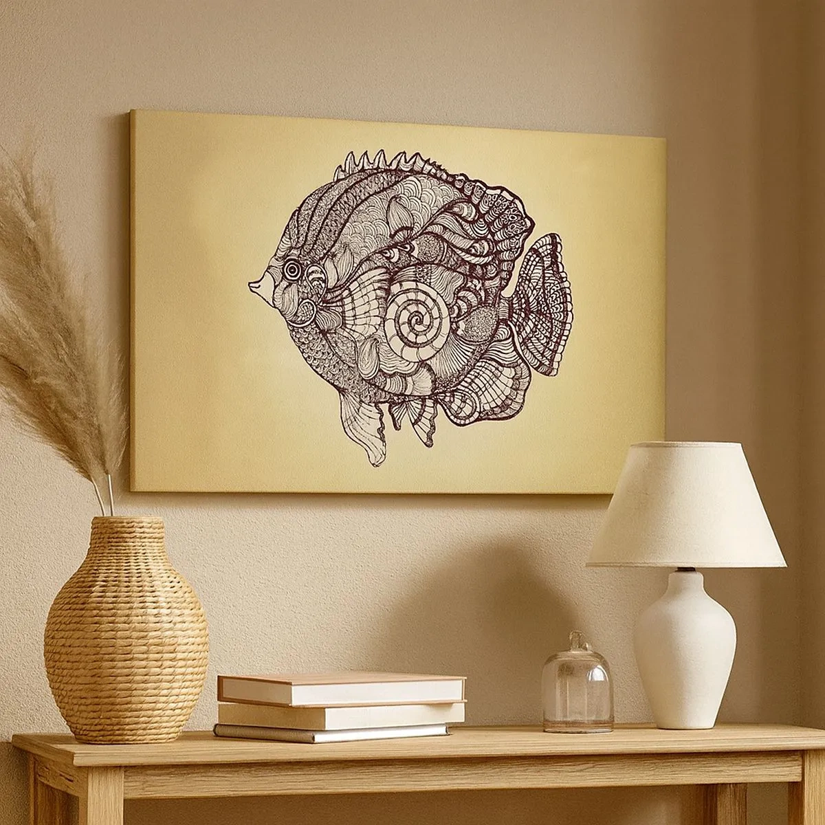 Quadro em tela - Peixe decorativo em estilo de desenho com padrões - 70x50cm - De um oceano de enfeites - Decoração de parede moderna para a sala de estar e quarto ARTTOR