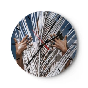 Relógio de parede - Relógio em vidro - Mãos decoradas com anéis atrás de folhas de palmeira brancas - 30x30cm - A xamã - Decoração de parede moderna para a sala de estar, cozinha e quarto ARTTOR