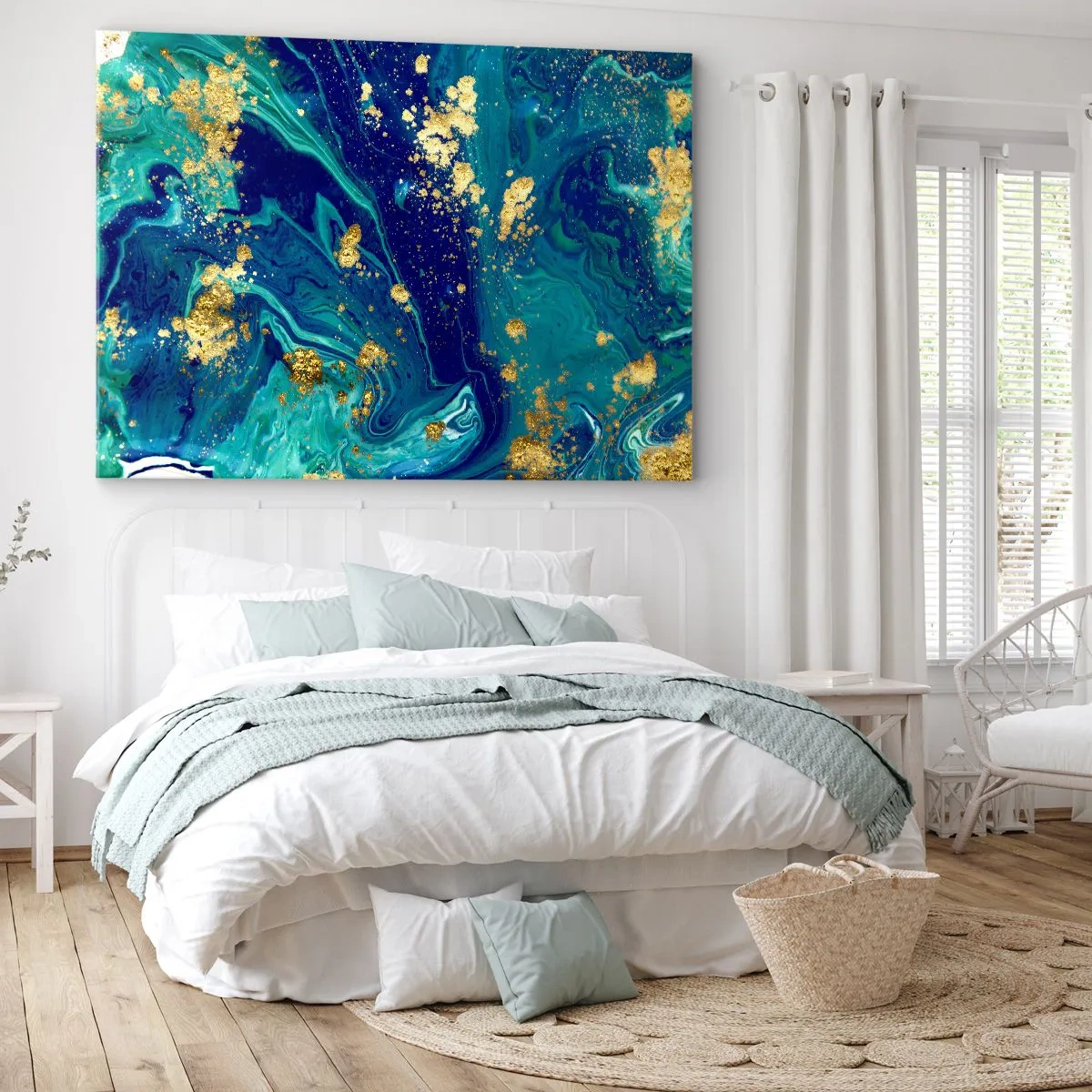 Quadro em tela - Uma composição abstrata com detalhes em azul, verde e dourado. - 70x50cm - Flocos de sol - Decoração de parede moderna para a sala de estar e quarto ARTTOR