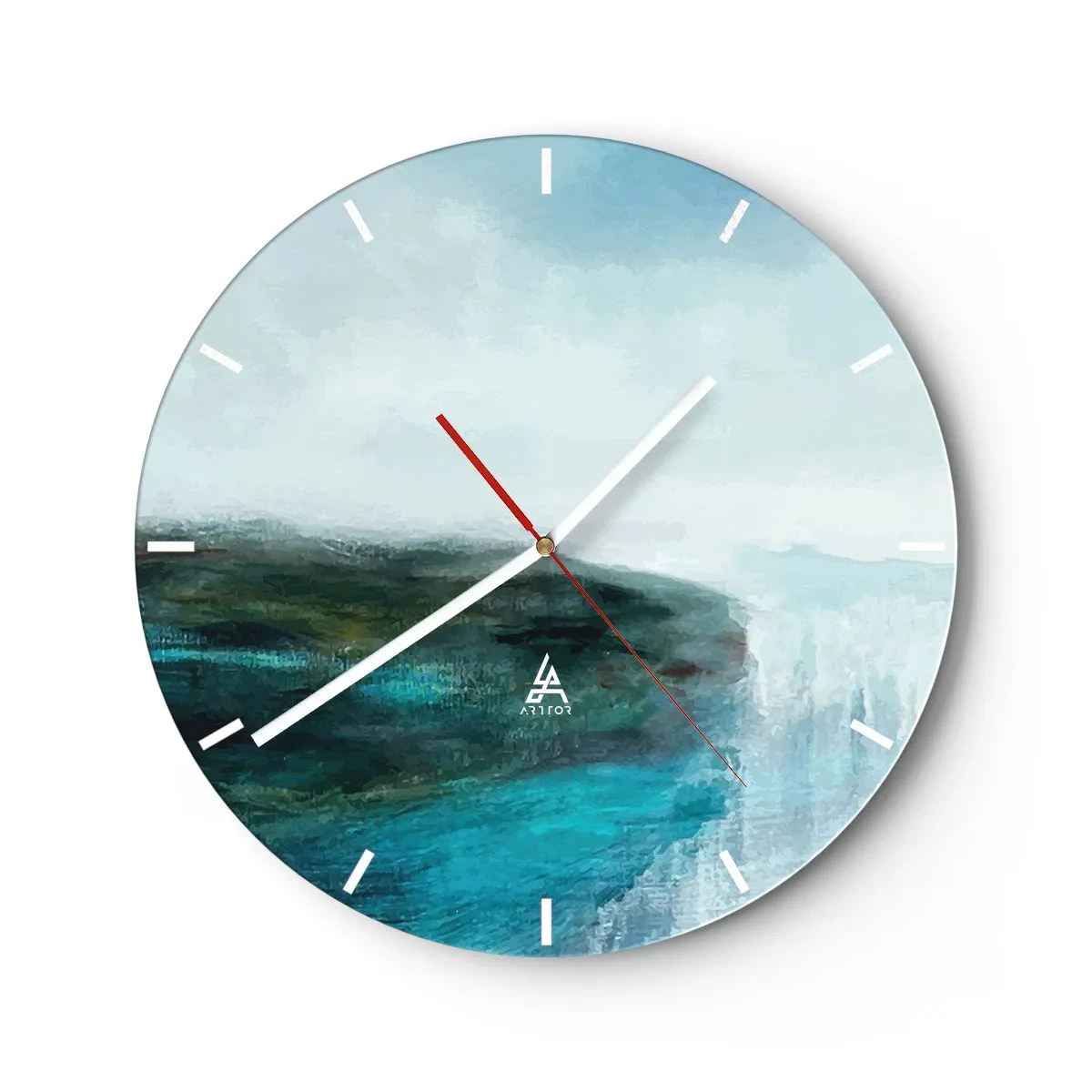 Relógio de parede - Relógio em vidro - Uma paisagem marinha com um penhasco em tons turquesa e azul - 30x30cm - Abstração náutica - Decoração de parede moderna para a sala de estar, cozinha e quarto ARTTOR