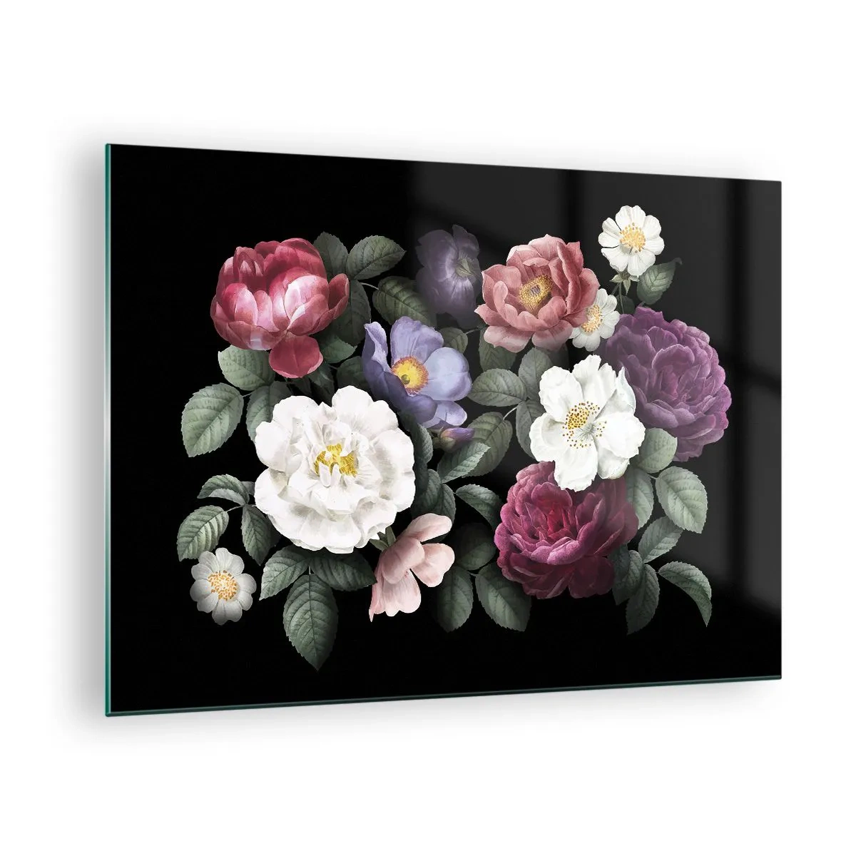 Quadro em vidro - Composição floral com peônias em fundo preto - 70x50cm - Do jardim inglês - Decoração de parede moderna para a sala de estar e quarto ARTTOR