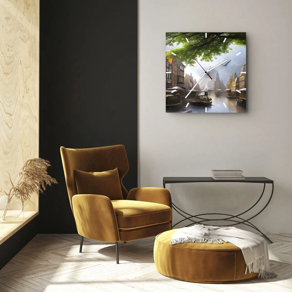 Relógio de parede - Relógio em vidro - Paisagem urbana holandesa - 40x40 cm