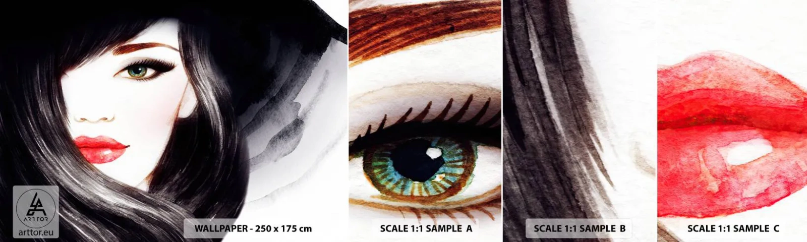 Amostra de Papel de Parede Standard Eco - Olhar de safira - Rosto de mulher, lábios vermelhos, Olhos verdes - 100x30 cm