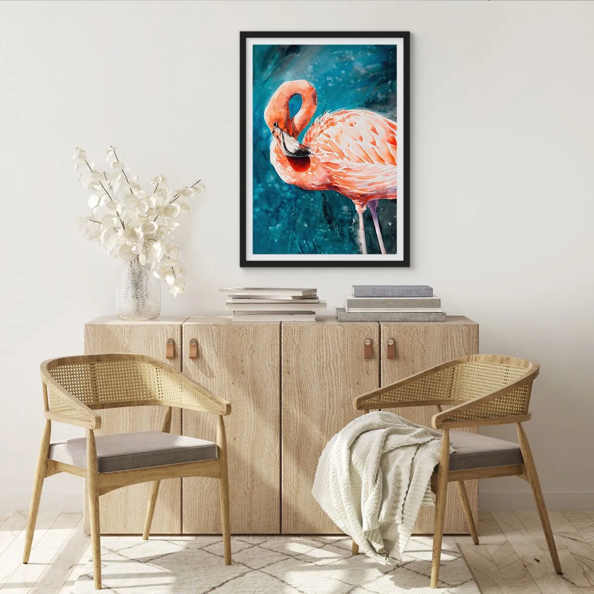 Pôster com moldura preta - Um flamingo em aquarela sobre um fundo de água turquesa - 50x70cm - Decorativo por natureza - Decoração de parede moderna para a sala de estar e quarto ARTTOR