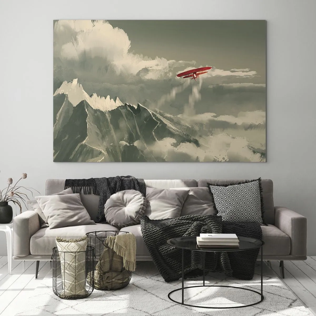 Quadro em vidro - Um avião vermelho voando sobre montanhas cobertas de neve - 70x50cm - O pioneiro destemido - Decoração de parede moderna para a sala de estar e quarto ARTTOR
