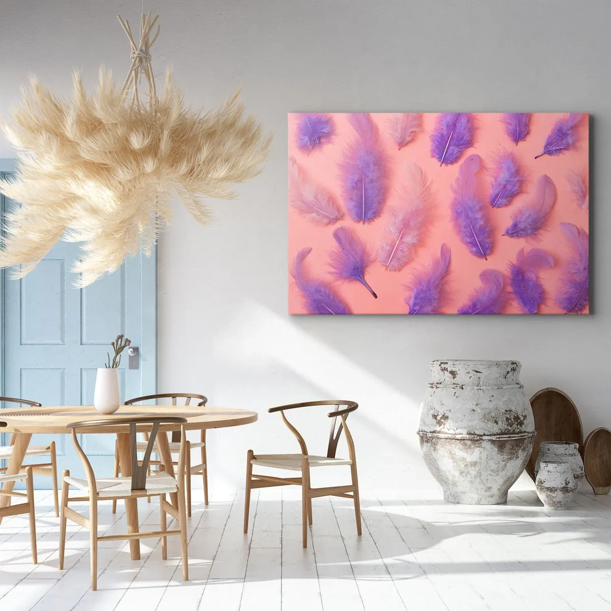 Quadro em tela - Penas roxas e rosa em um fundo pastel - 70x50cm - Ave lilás do desejo - Decoração de parede moderna para a sala de estar e quarto ARTTOR