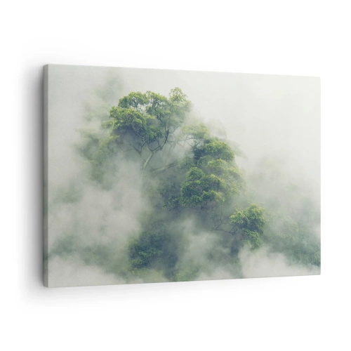 Quadro em tela - Árvores verdes em meio a uma névoa espessa contra um fundo natural - 70x50cm - Envolto em neblina - Decoração de parede moderna para a sala de estar e quarto ARTTOR