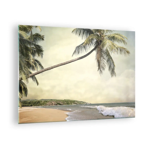 Quadro em vidro - Praia tropical com palmeiras e ondas - 70x50cm - Sonho tropical - Decoração de parede moderna para a sala de estar e quarto ARTTOR