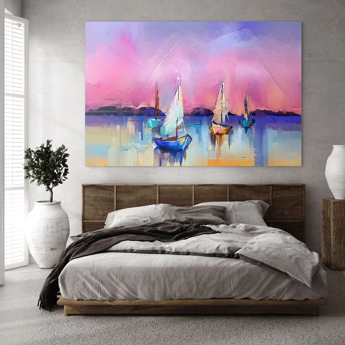 Quadro em vidro - Marina abstrata com veleiros ao pôr do sol - 70x50cm - Direção: águas largas - Decoração de parede moderna para a sala de estar e quarto ARTTOR