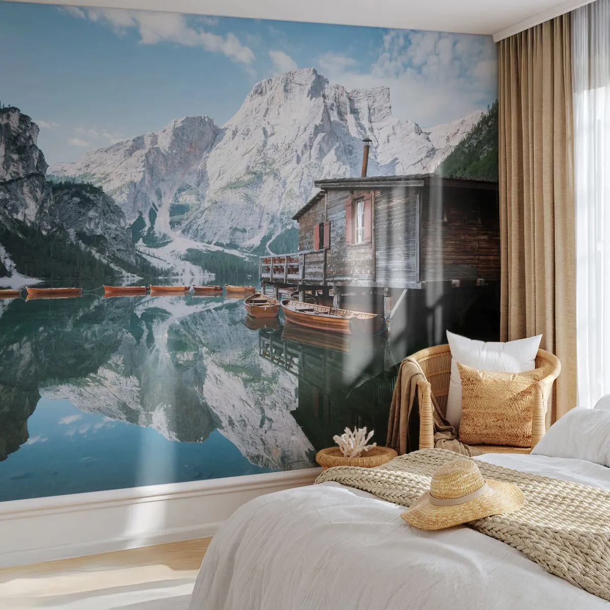 Papel de Parede Autocolante Deluxe Sticker - Manhã cristalina nas montanhas - Paisagem montanhosa, Sol, Lago - 250x175 cm