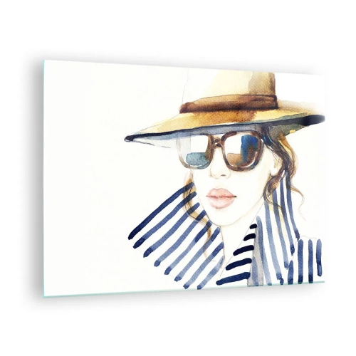 Quadro em vidro - Mulher estilosa com chapéu e óculos em estilo aquarela - 70x50cm - Bem-vindo à Flórida - Decoração de parede moderna para a sala de estar e quarto ARTTOR