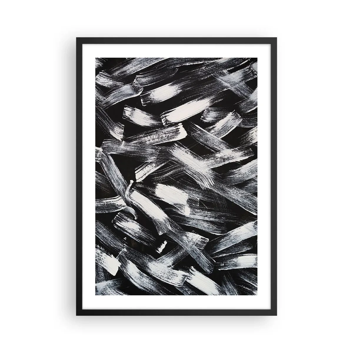 Pôster com moldura preta - Pinceladas brancas abstratas em um fundo preto - 50x70cm - Abstração no espírito industrial - Decoração de parede moderna para a sala de estar e quarto ARTTOR