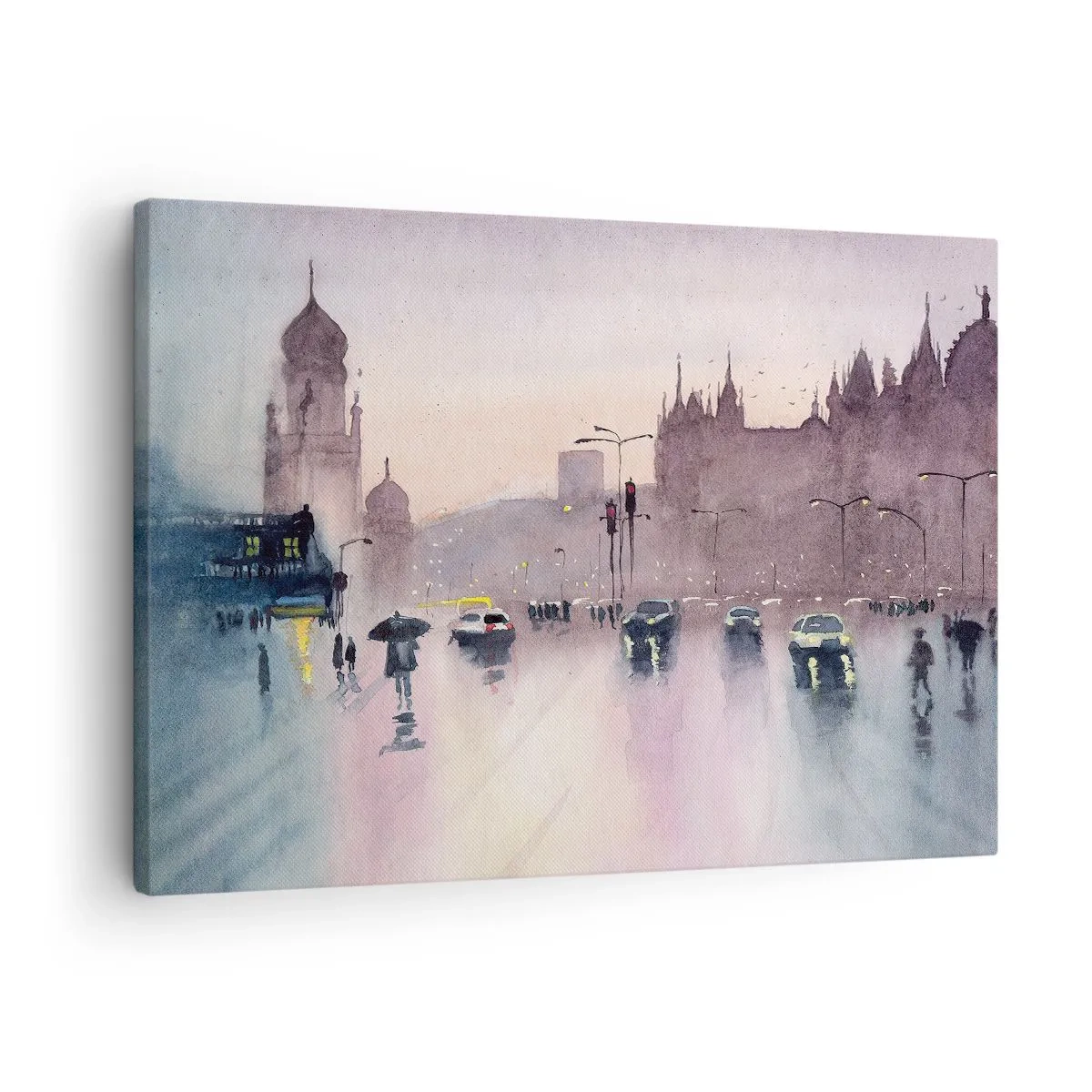 Quadro em tela - Uma rua da cidade ao entardecer em estilo aquarela - 70x50cm - Na névoa chuvosa - Decoração de parede moderna para a sala de estar e quarto ARTTOR