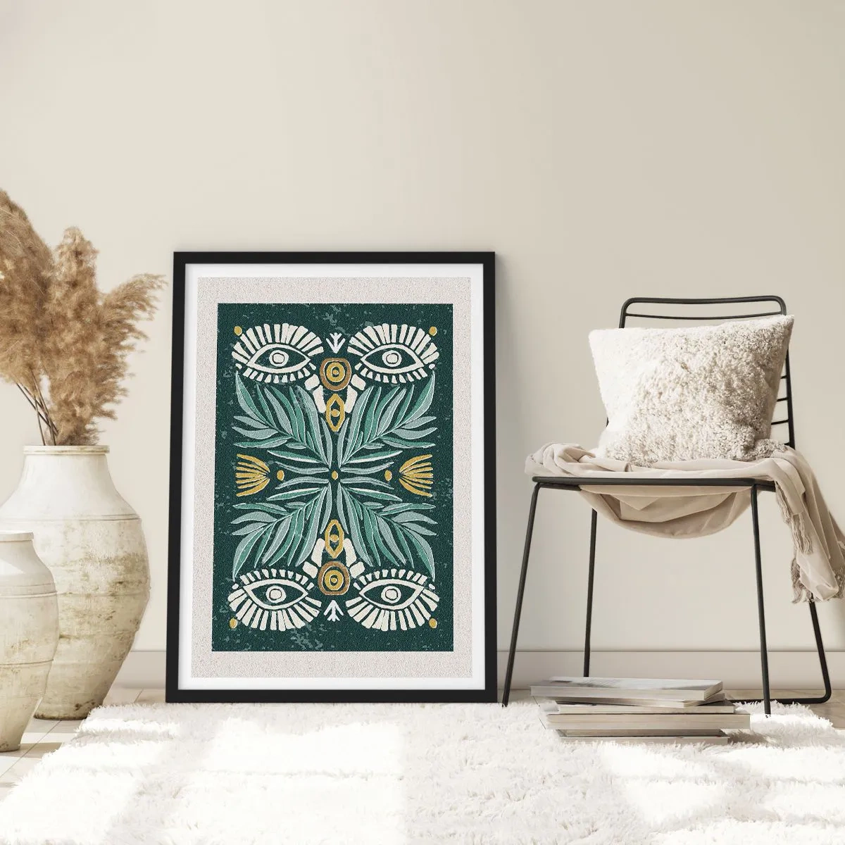 Pôster com moldura preta - Padrão simétrico com folhas e olhos em um fundo escuro - 50x70cm - Como um recorte folclórico - Decoração de parede moderna para a sala de estar e quarto ARTTOR