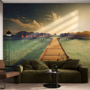 Papel de Parede Premium Sand - Um convite caloroso - Maldivas, Paisagem, Casas na Água - 300x210 cm