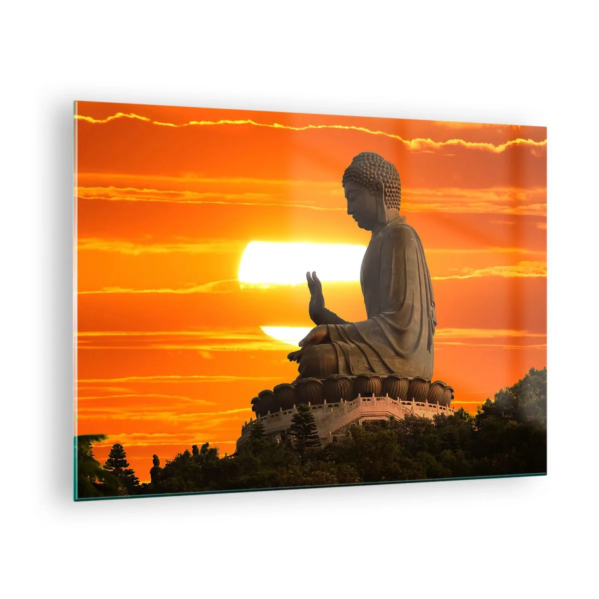 Quadro em vidro - Estátua de Buda com o pôr do sol como pano de fundo - 70x50cm - Sem medo do mundo - Decoração de parede moderna para a sala de estar e quarto ARTTOR