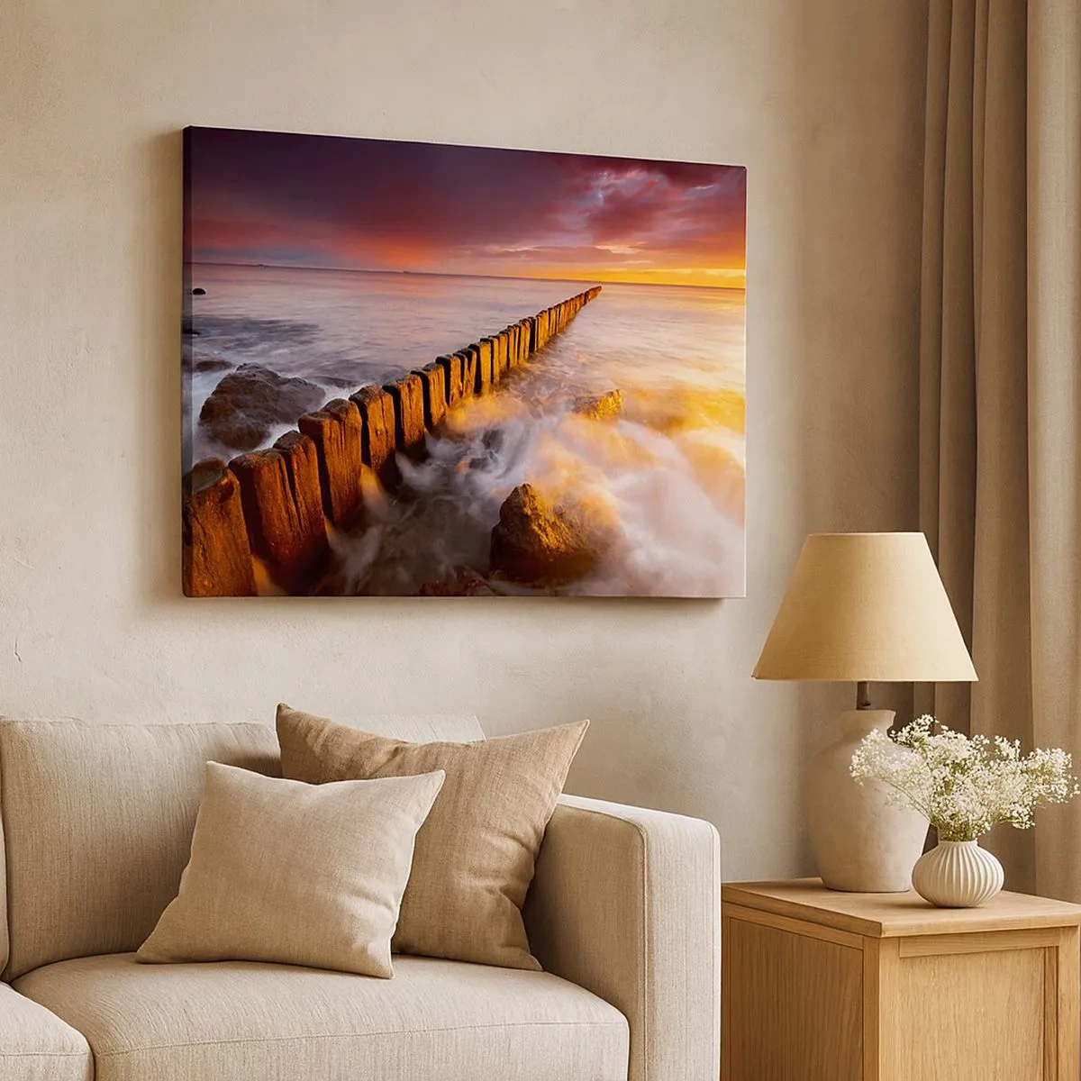 Quadro em tela - Uma paisagem pitoresca à beira-mar ao pôr do sol - 70x50cm - A suavidade das ondas - Decoração de parede moderna para a sala de estar e quarto ARTTOR