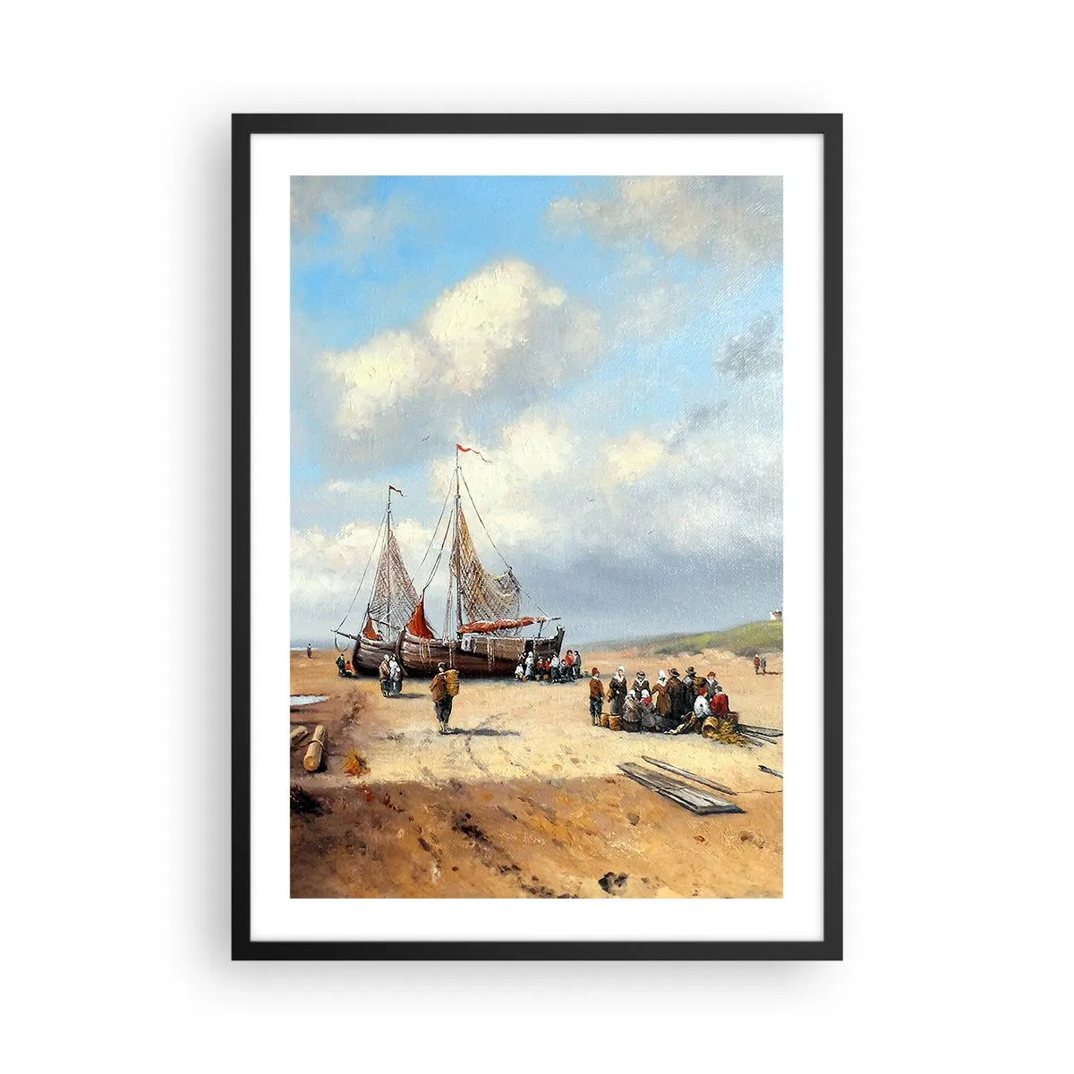 Pôster com moldura preta - Barcos de pesca tradicionais e pescadores em uma praia de areia - 50x70cm - Pós-caça bem-sucedida - Decoração de parede moderna para a sala de estar e quarto ARTTOR