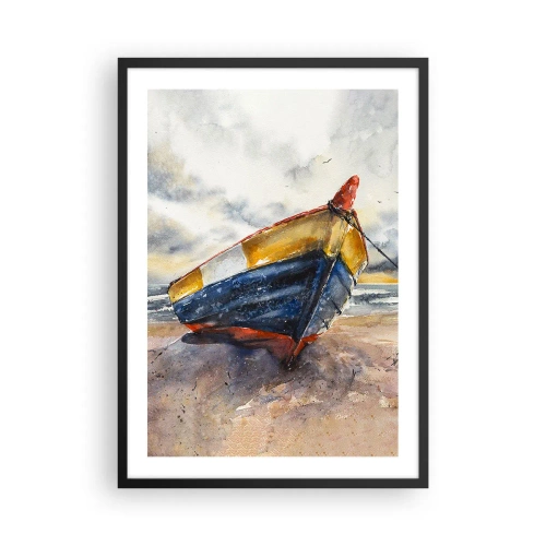Pôster com moldura preta - Barco em aquarela na praia ao pôr do sol - 50x70cm - Descanse na costa - Decoração de parede moderna para a sala de estar e quarto ARTTOR