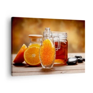 Quadro em tela - Uma garrafa de líquido âmbar e laranjas frescas - 70x50cm - Sabores e aromas ensolarados - Decoração de parede moderna para a sala de estar e quarto ARTTOR