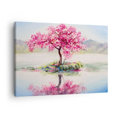 Quadro em tela - Uma árvore florida em águas paradas - 70x50cm - A festa da Primavera - Decoração de parede moderna para a sala de estar e quarto ARTTOR