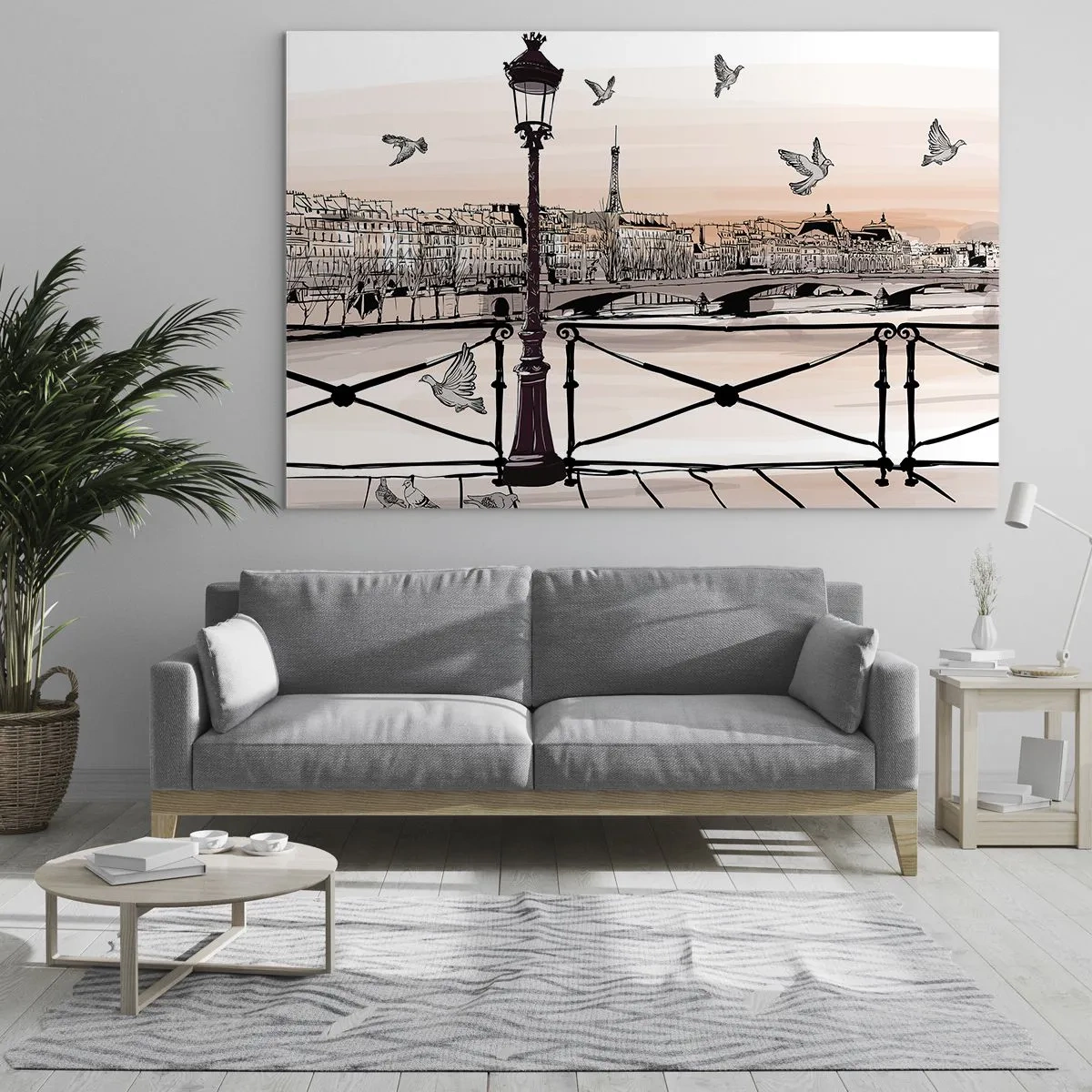 Quadro em vidro - Ilustração de uma rua parisiense com vista para a Torre Eiffel ao amanhecer - 70x50cm - Sobre os telhados de Paris - Decoração de parede moderna para a sala de estar e quarto ARTTOR