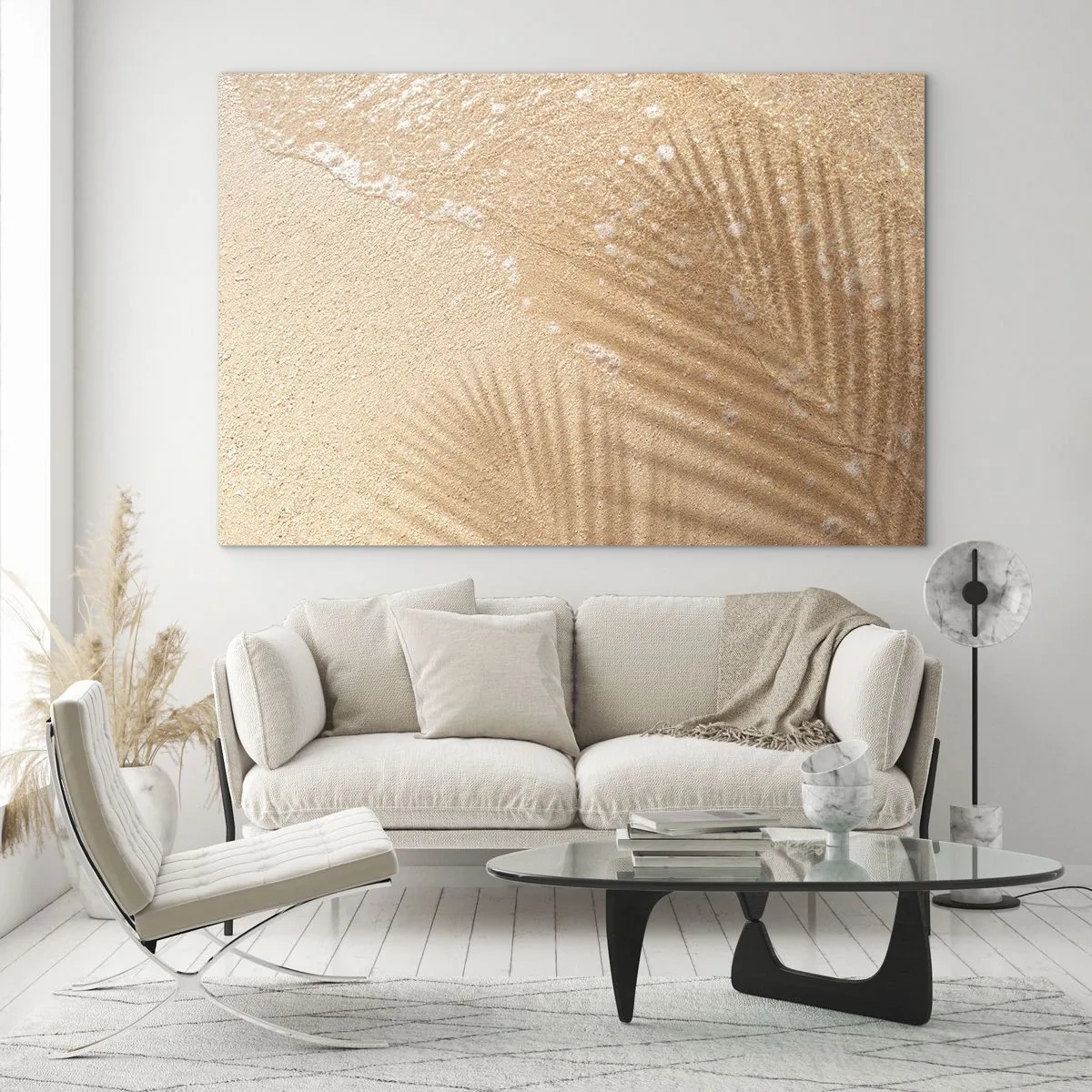 Quadro em vidro - Praia e sombra na areia - 70x50cm - A sombra de um verão quente - Decoração de parede moderna para a sala de estar e quarto ARTTOR