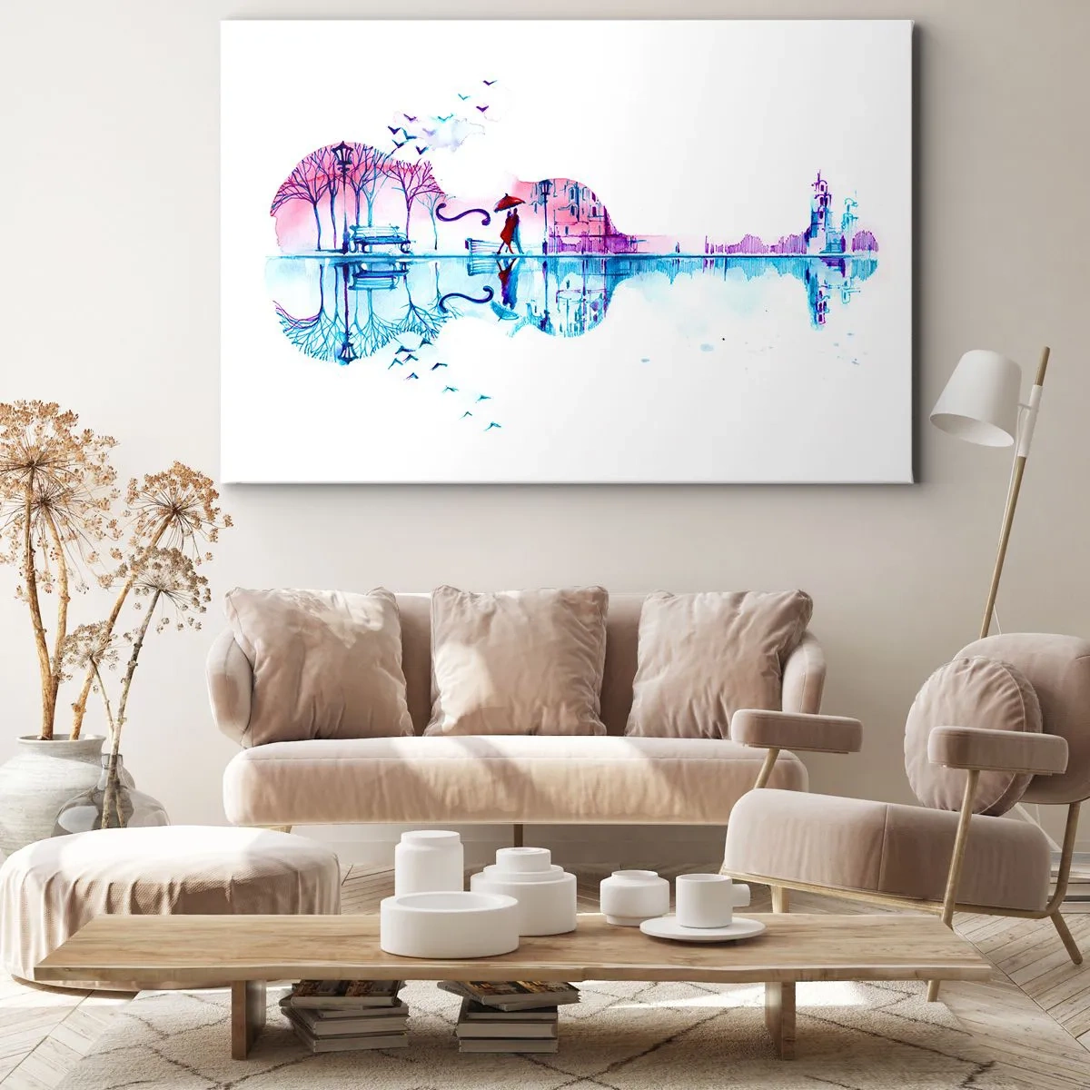 Quadro em tela - Silhueta de cidade em forma de violino em cores aquarela - 70x50cm - Trago-vos cânticos de chuva - Decoração de parede moderna para a sala de estar e quarto ARTTOR