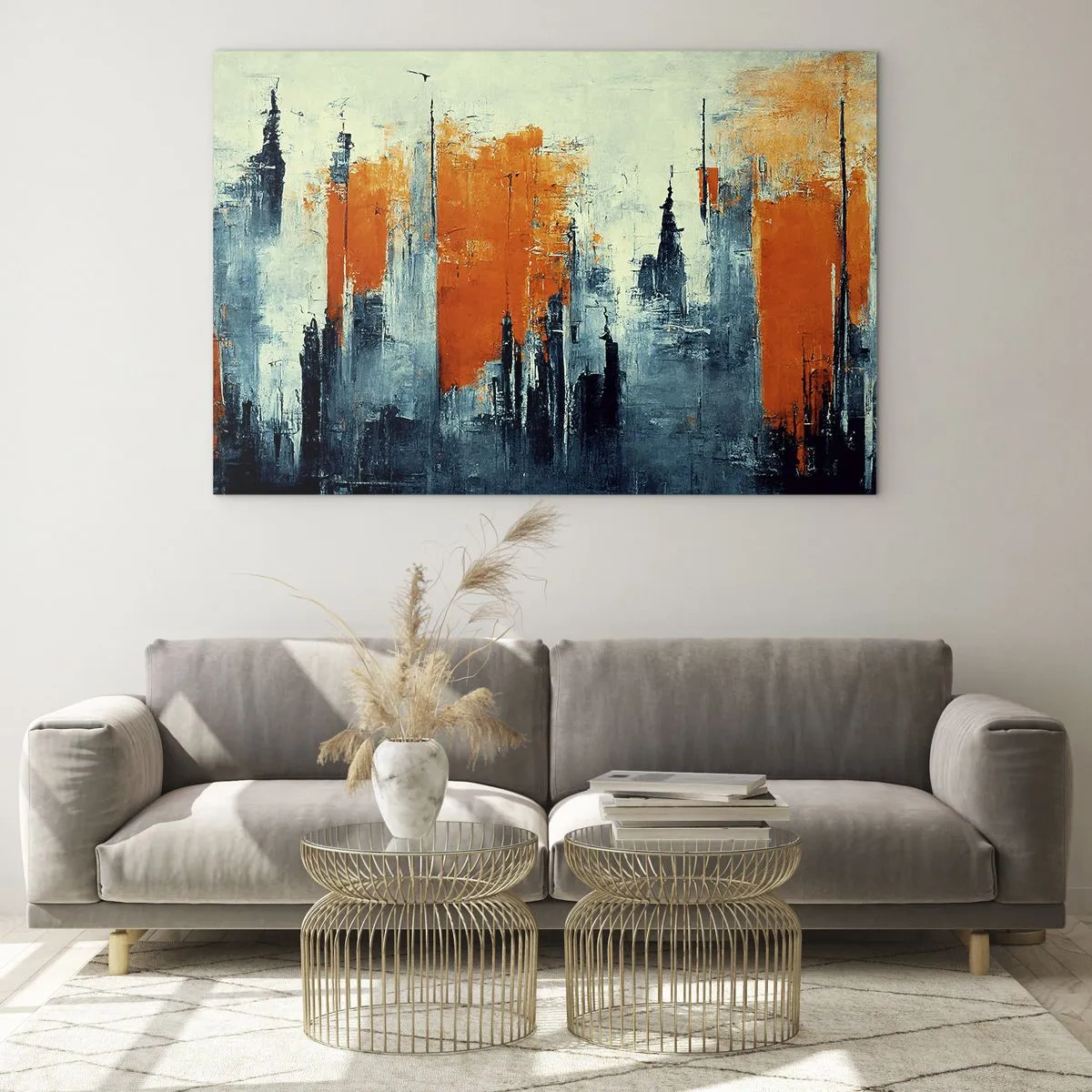 Quadro em vidro - Um panorama urbano moderno em tons de cinza e laranja - 70x50cm - Paisagem moderna - Decoração de parede moderna para a sala de estar e quarto ARTTOR