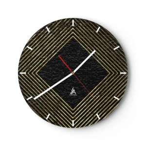 Relógio de parede - Relógio em vidro - Linhas douradas formando um losango sobre fundo preto - 30x30cm - Geometria em estilo glamoroso - Decoração de parede moderna para a sala de estar, cozinha e quarto ARTTOR
