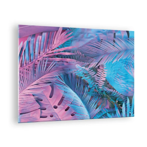 Quadro em vidro - Folhas tropicais em tons de rosa e azul sobre fundo neon - 70x50cm - Trópicos em rosa e azul - Decoração de parede moderna para a sala de estar e quarto ARTTOR