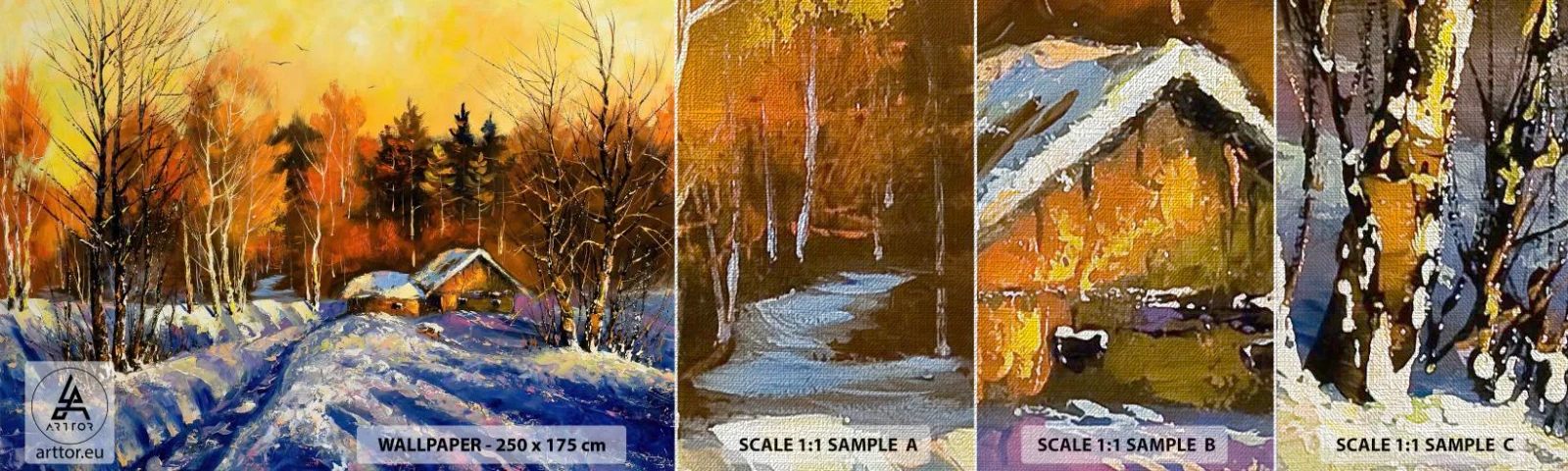 Amostra de papel de parede Premium Canvas - Impressão de inverno ao sol - Paisagem, Inverno, Casa de campo na montanha - 100x30 cm