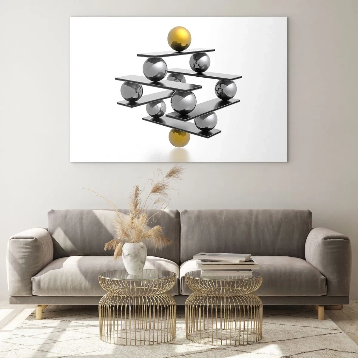 Quadro em vidro - Composição geométrica com bolas e plataformas sobre fundo branco - 70x50cm - Equilíbrio de ouro e prata - Decoração de parede moderna para a sala de estar e quarto ARTTOR