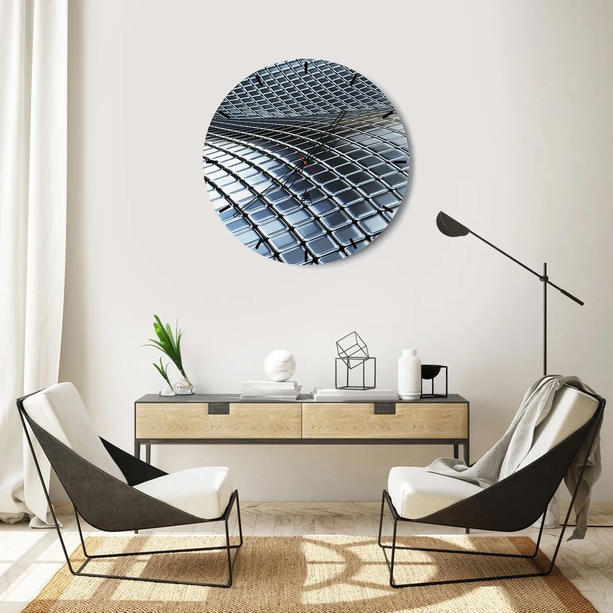 Relógio de parede - Relógio em vidro - Superfície futurista feita de painéis metálicos em tom prateado - 30x30cm - Onda de prata metálica - Decoração de parede moderna para a sala de estar, cozinha e quarto ARTTOR