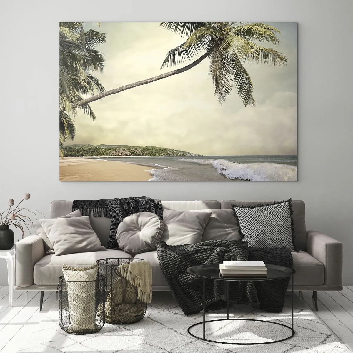 Quadro em vidro - Praia tropical com palmeiras e ondas - 70x50cm - Sonho tropical - Decoração de parede moderna para a sala de estar e quarto ARTTOR