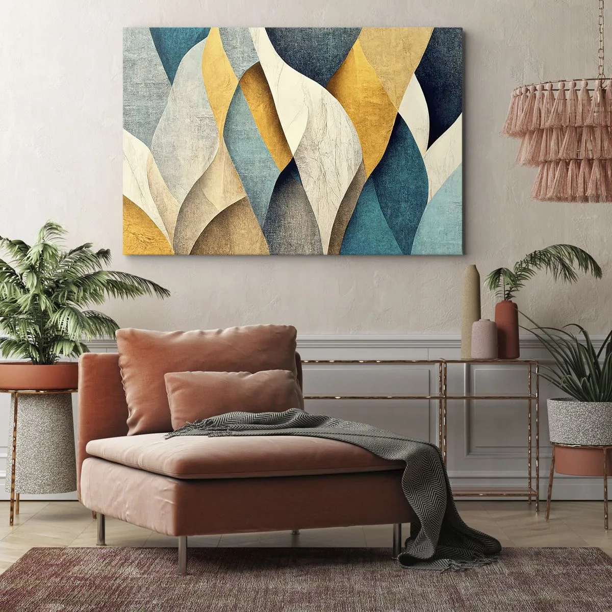 Quadro em tela - Ondas abstratas em tons de azul e dourado - 70x50cm - Ritmo e onda - Decoração de parede moderna para a sala de estar e quarto ARTTOR