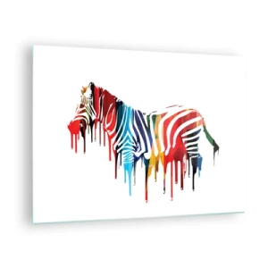 Quadro em vidro - Uma zebra colorida em forma abstrata com efeito de tinta pingando. - 70x50cm - Não somente preto e branco - Decoração de parede moderna para a sala de estar e quarto ARTTOR
