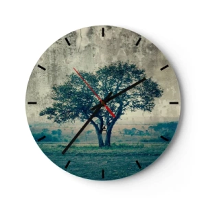 Relógio de parede - Relógio em vidro - Uma árvore solitária contra uma paisagem azul - 30x30cm - Uma macieira num prado azul? - Decoração de parede moderna para a sala de estar, cozinha e quarto ARTTOR